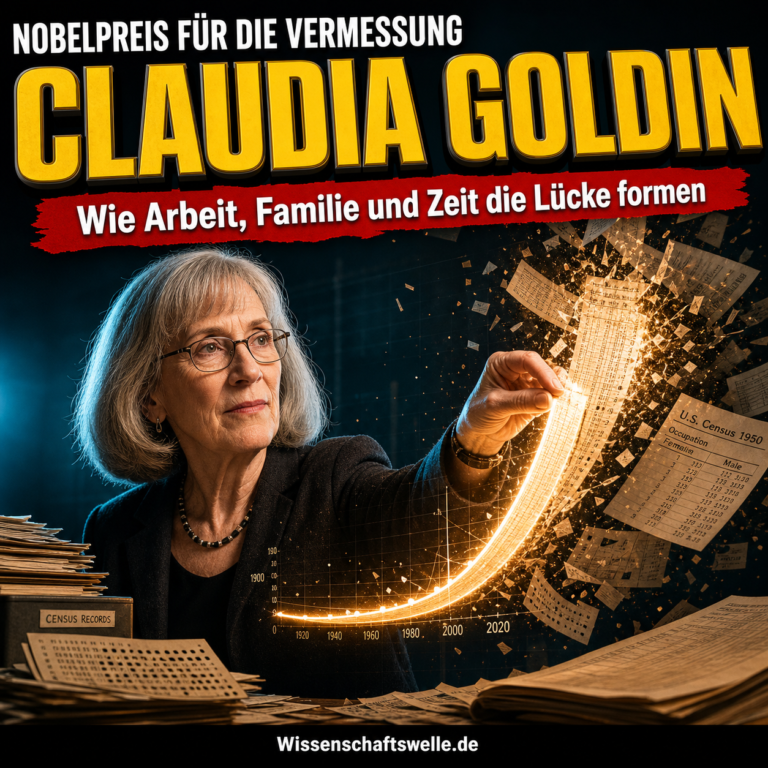 Claudia Goldin zieht in einem Archiv aus historischen Zensusblättern eine leuchtende Kurve hervor, die die Geschlechterlücke am Arbeitsmarkt symbolisiert.