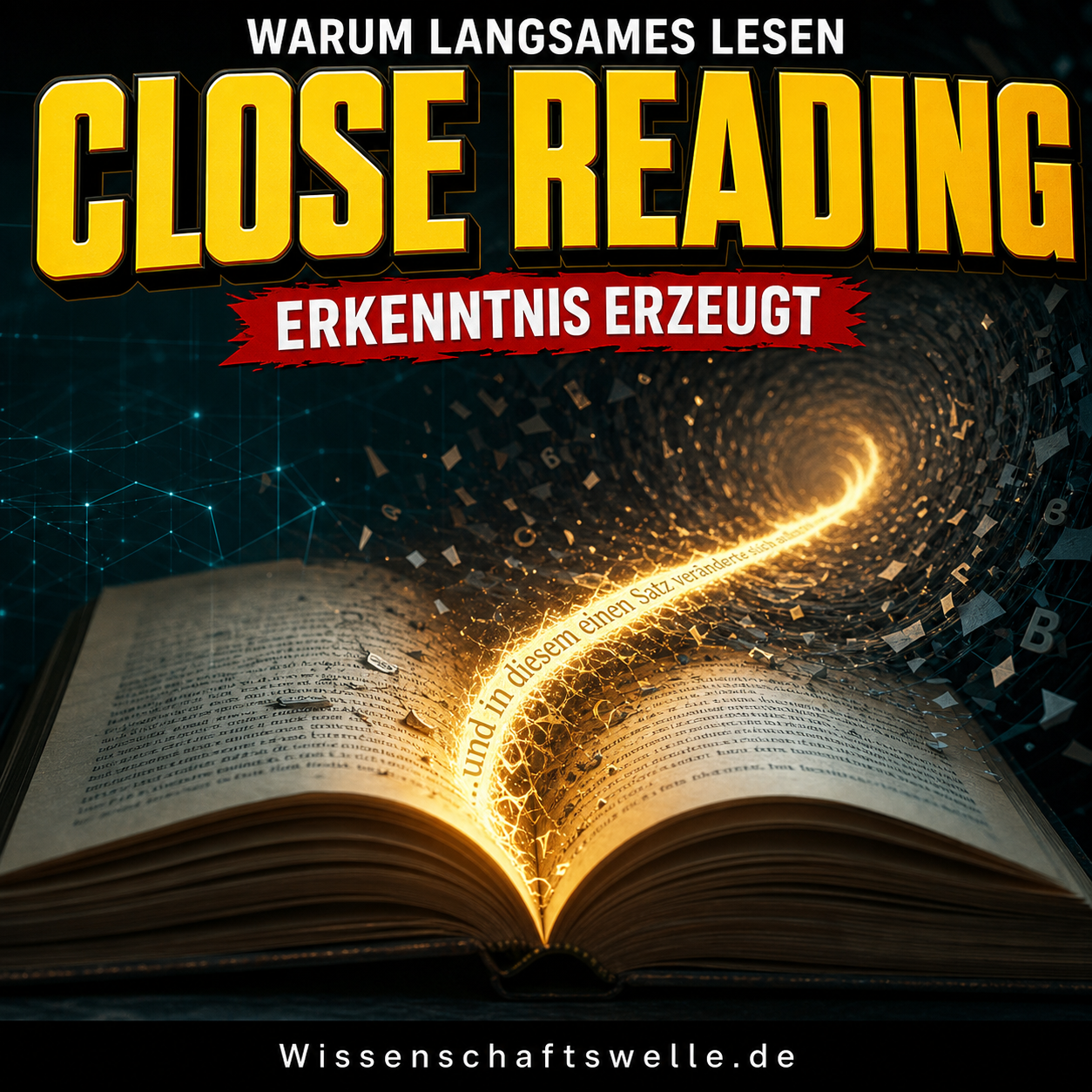 Aufgeschlagenes Buch, aus dessen Seite ein leuchtender Satz wie ein Riss in einen Tunnel aus Buchstaben aufsteigt; darüber die Titelzeile Close Reading.