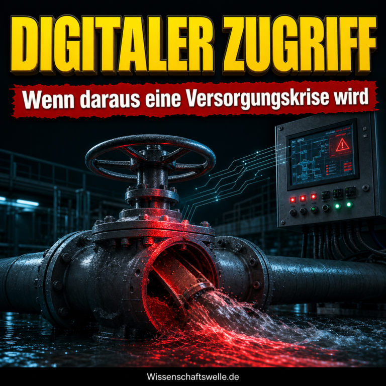 Industrielles Wasserleitungsventil vor einem leuchtenden Steuerpanel als Symbol für die Gefahr digitaler Eingriffe in die Wasserversorgung.