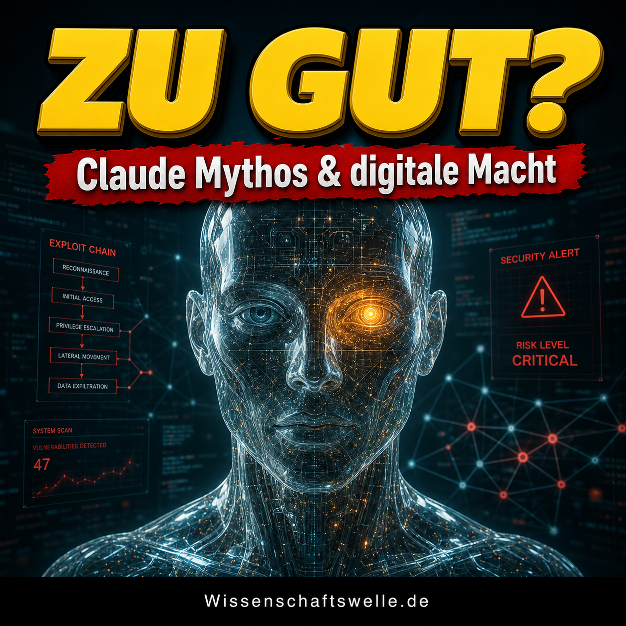 Quadratisches Cover mit einem leuchtenden humanoiden Kopf aus Glas und Schaltkreisen vor dunklem Kontrollraum, darüber die gelbe Überschrift „ZU GUT?“ und ein roter Banner mit „Claude Mythos & digitale Macht“.