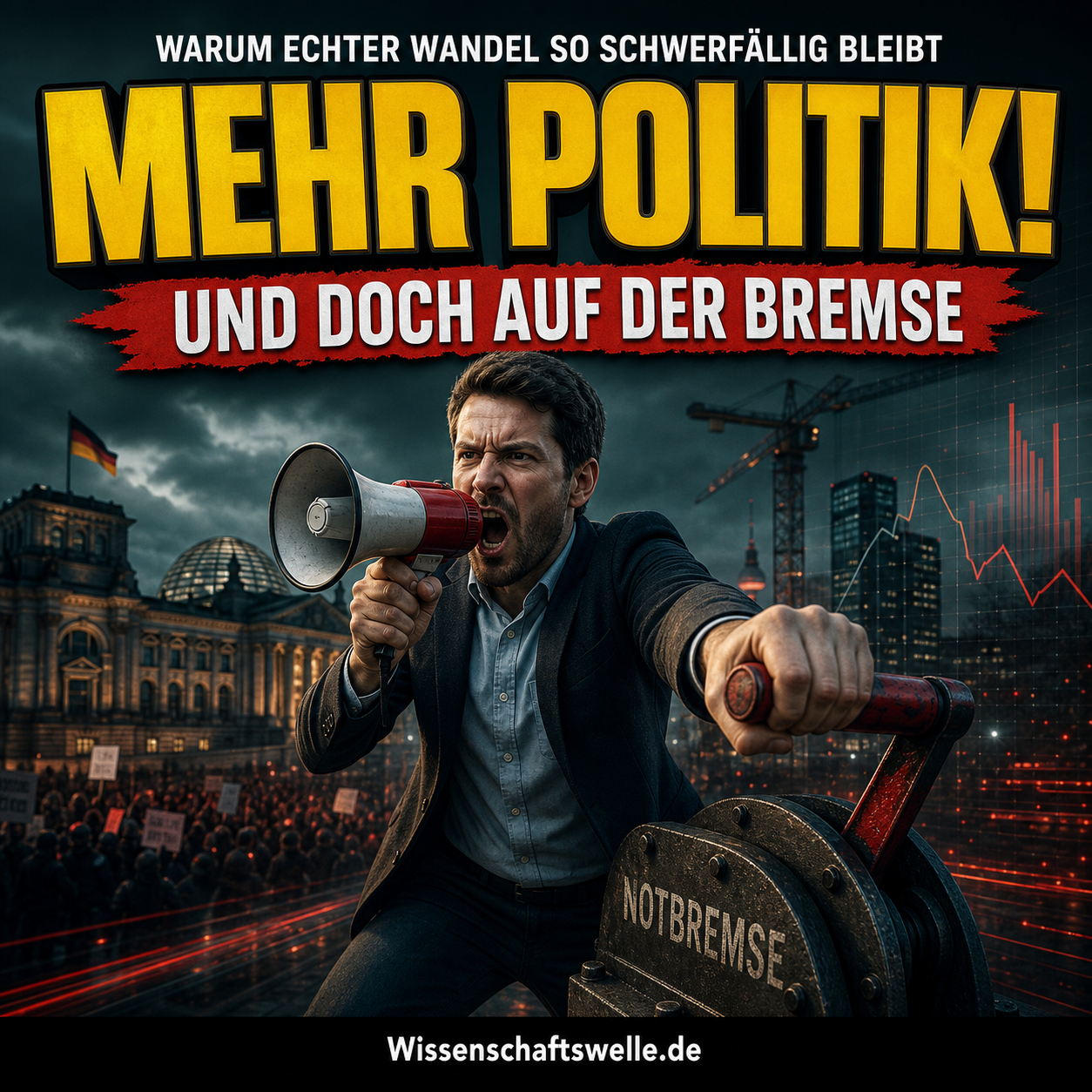Ein Mann ruft mit einem Megafon nach politischem Wandel und zieht gleichzeitig eine große Notbremse; dahinter Protestmenge, Reichstagskulisse, Baukräne und Kurvendiagramme.