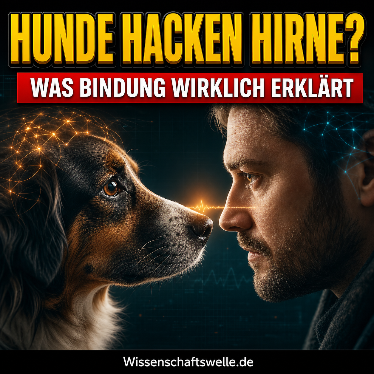 Ein Hund und ein Mensch schauen sich frontal in die Augen, zwischen ihnen leuchten stilisierte neuronale Signale; darüber stehen die Worte "HUNDE HACKEN HIRNE?" und auf einem roten Banner "WAS BINDUNG WIRKLICH ERKLÄRT".