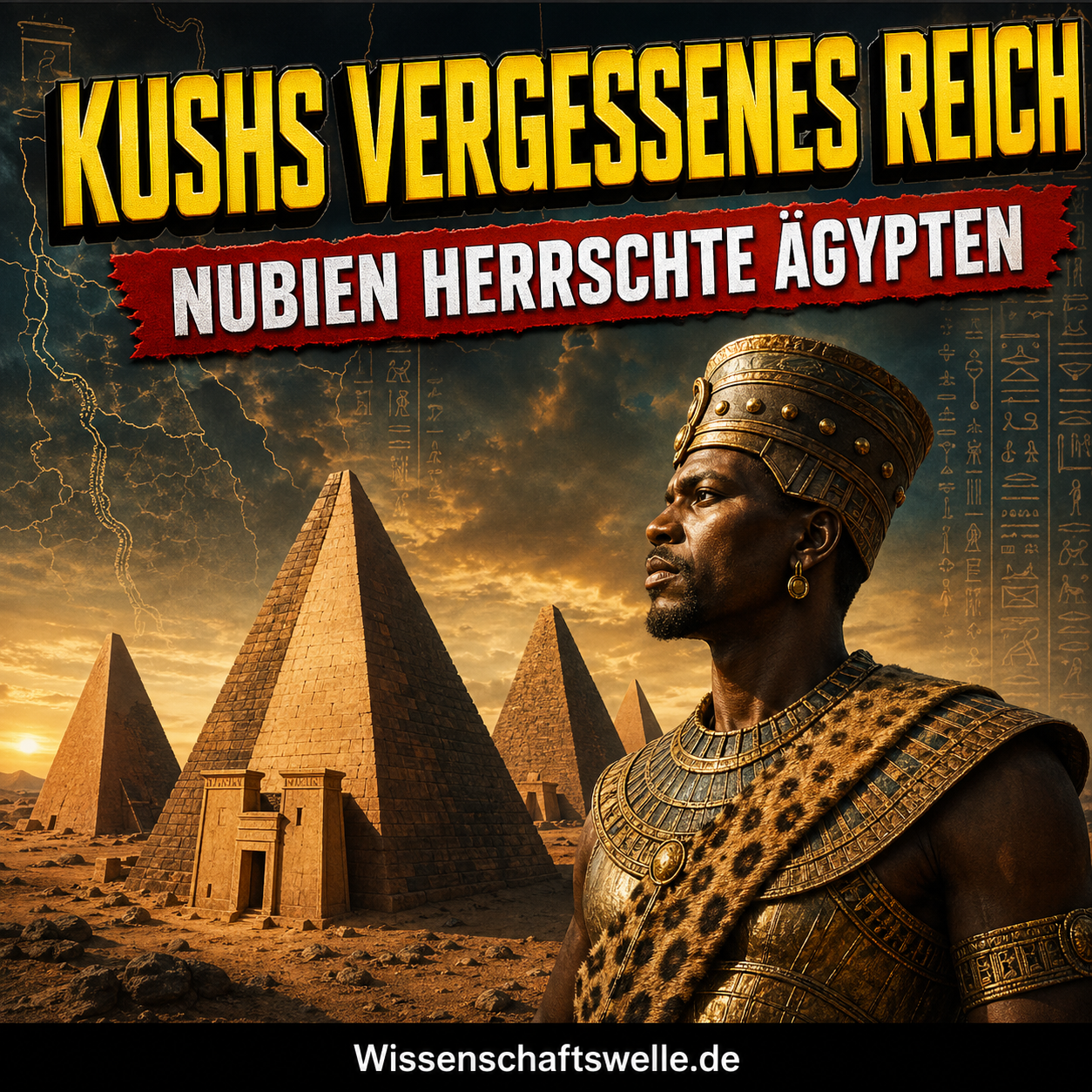 Titelbild mit den Pyramiden von Meroë im Sudan und einem kushitischen Herrscher vor dramatischem Himmel.