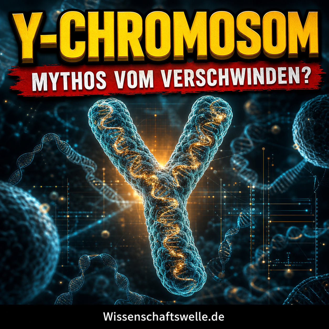Quadratisches Titelbild mit einem hell leuchtenden Y-Chromosom im Zentrum, umgeben von DNA-Strukturen, Zelllicht und technischen Reparaturmustern, darüber die gelbe Headline „Y-Chromosom“ und im roten Banner der Hinweis „Mythos vom Verschwinden?“.