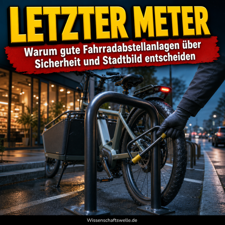Ein Lastenrad wird in einer nächtlichen Stadtszene an einem stabilen Fahrradbügel angeschlossen; das Bild verdichtet Diebstahlschutz, Sichtbarkeit und Stadtraumgestaltung.