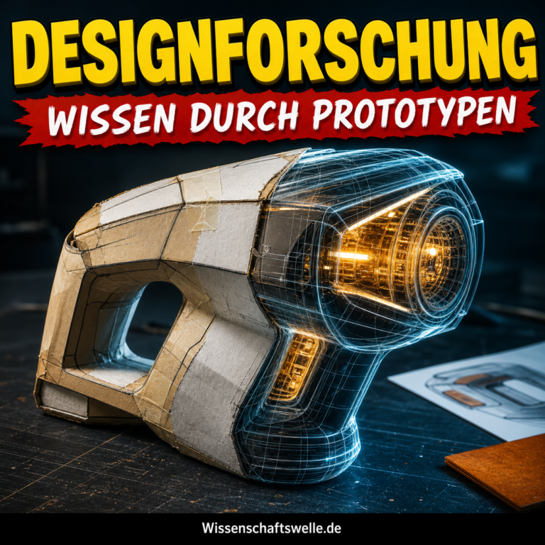 Ein raues Pappmodell eines futuristischen Prototyps geht auf einem dunklen Werktisch in eine leuchtende Drahtgitter-Version über.