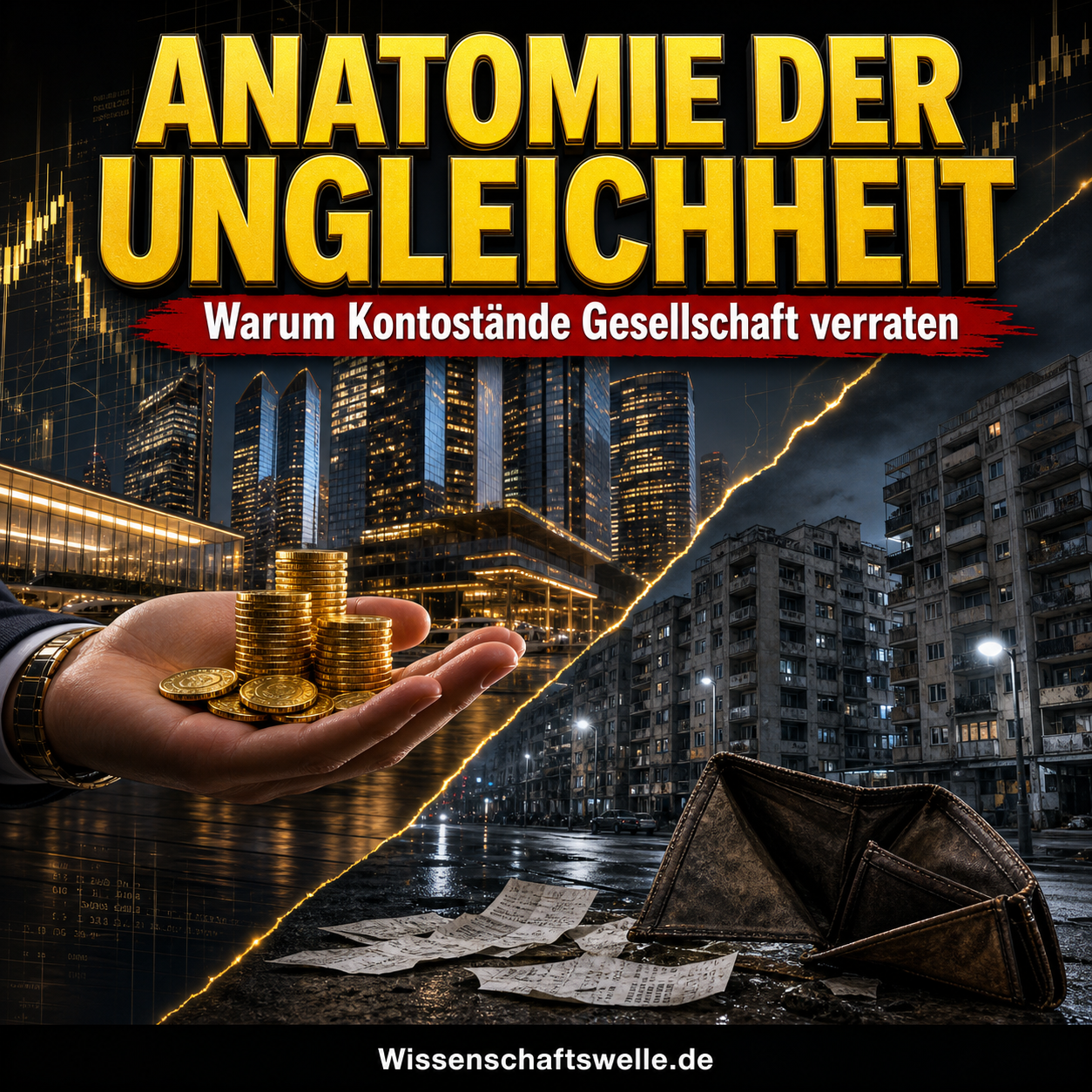 Quadratisches Wissenschaftswelle-Cover mit einer gespaltenen Stadtszene: links kalte Hochhausfassaden und oben gestapelte Goldmünzen, rechts dichte Mietblocks und unten eine leere Geldbörse, dazu die gelbe Headline „ANATOMIE DER UNGLEICHHEIT“ und der rote Banner „Warum Kontostände Gesellschaft verraten“.