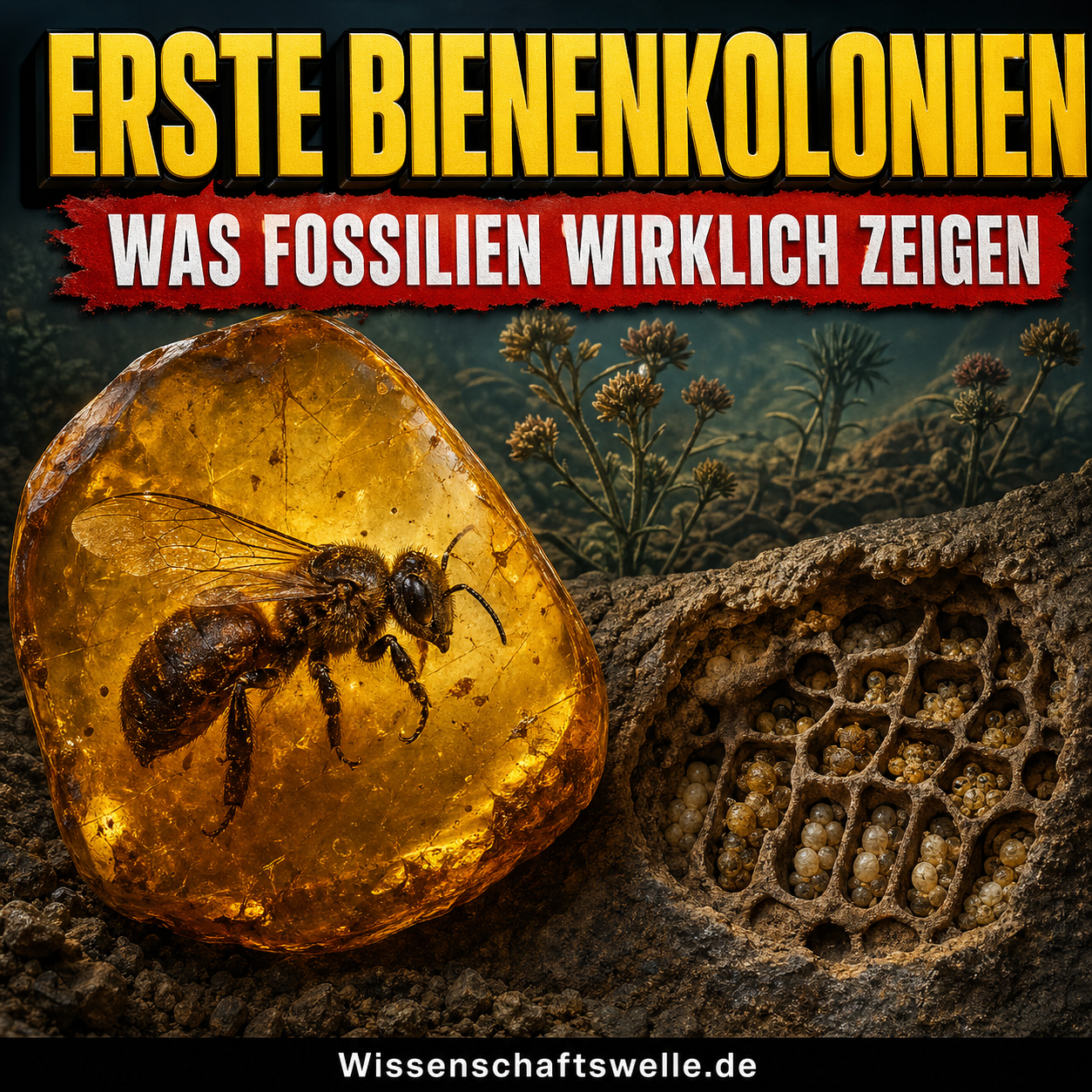 Fossile Biene in bernsteinfarbenem Harz neben einem aufgeschnittenen uralten Wabennest vor stilisierten Blütenpflanzen