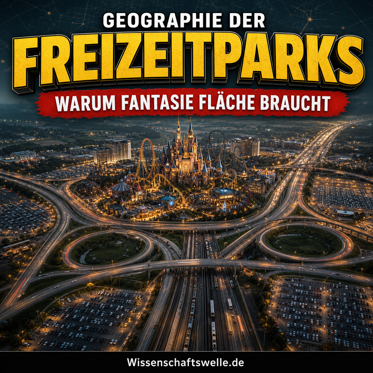 Dramatisches Cover mit einem leuchtenden Freizeitpark inmitten eines Autobahnkreuzes, umgeben von Bahntrassen, Hotels und großen Parkflächen.