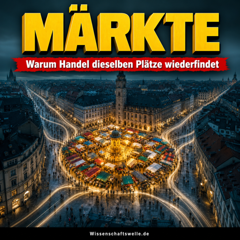 Dramatisch beleuchteter Markt auf einem historischen Stadtplatz, in den helle Fußgängerströme aus mehreren Straßen zusammenlaufen.