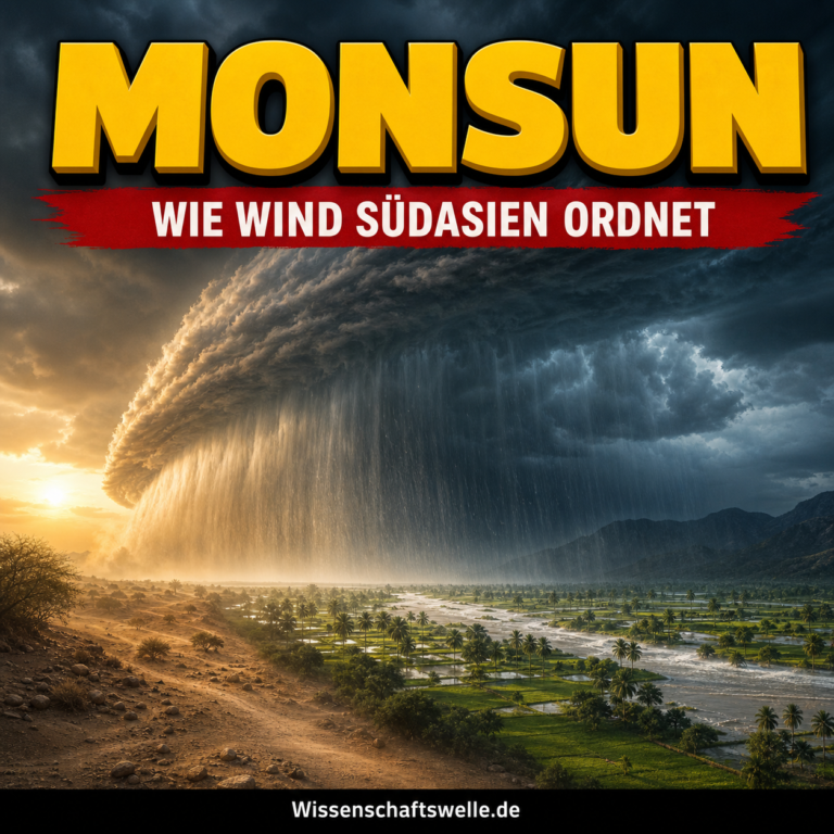 Eine gewaltige Monsun-Regenfront stürzt über trockene Hügel in eine grüne Fluss- und Reislandschaft, darüber die Titeltypografie „MONSUN“.