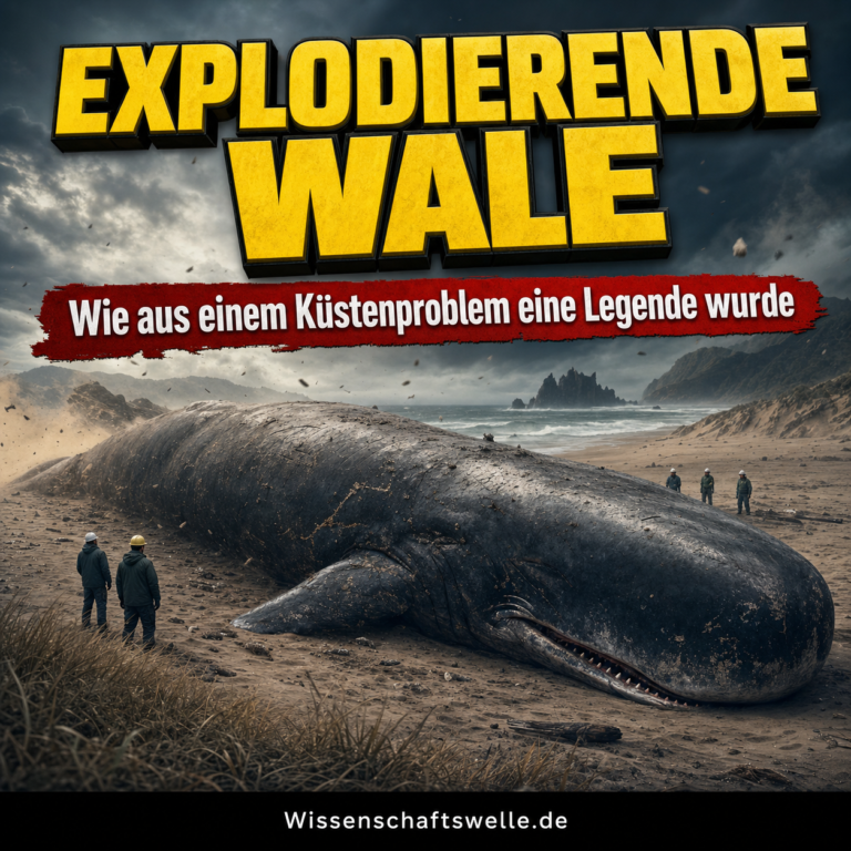 Quadratisches Wissenschaftswelle-Cover mit einem gestrandeten Pottwal an einer windigen Küste, gelber 3D-Headline „EXPLODIERENDE WALE“ und rotem Banner „Wie aus einem Küstenproblem eine Legende wurde“.