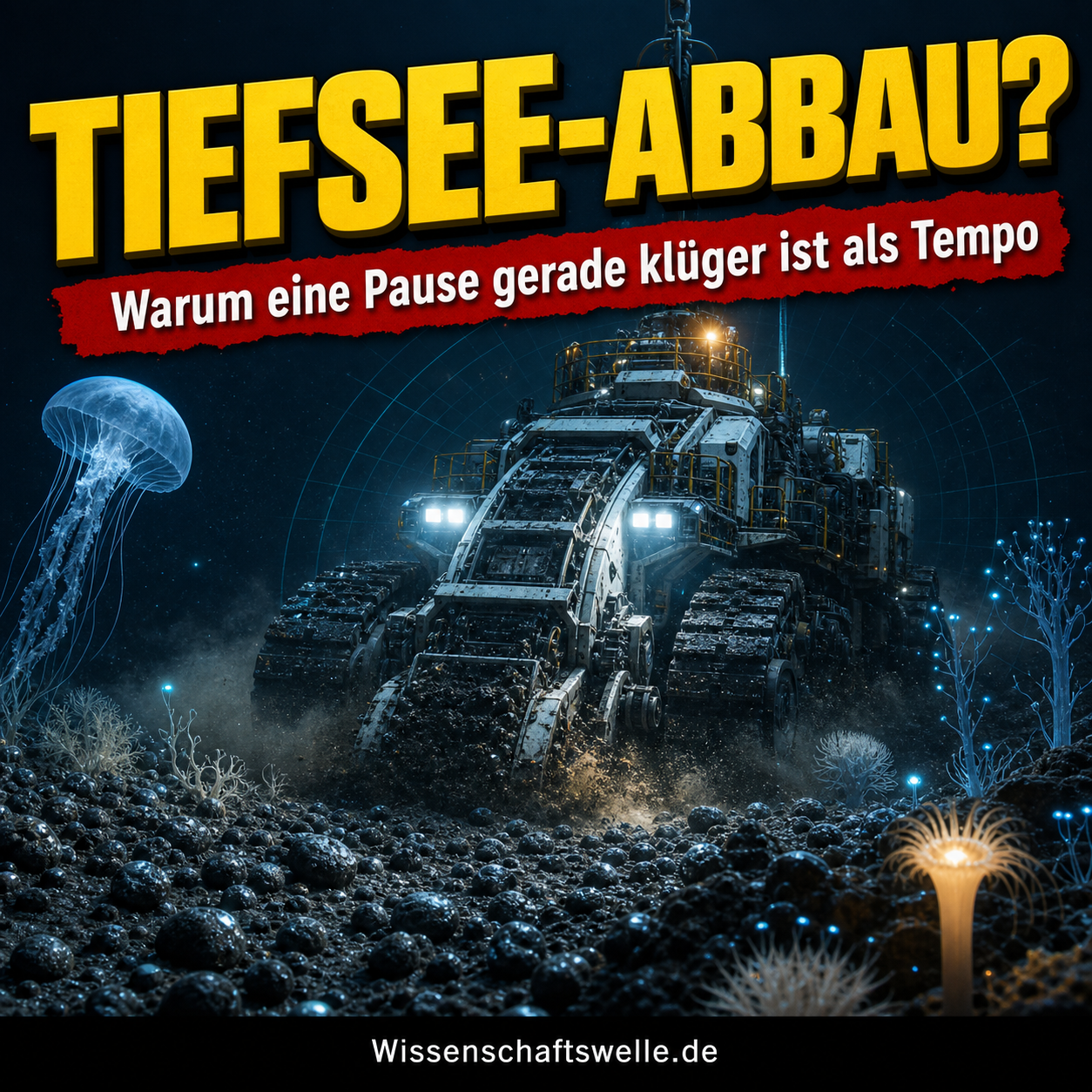 Ein massiver Tiefsee-Abbauroboter fährt über einen dunklen, knollenbedeckten Meeresboden, während leuchtende Tiefseetiere und Sedimentwolken die ökologische Fragilität der Szene betonen.