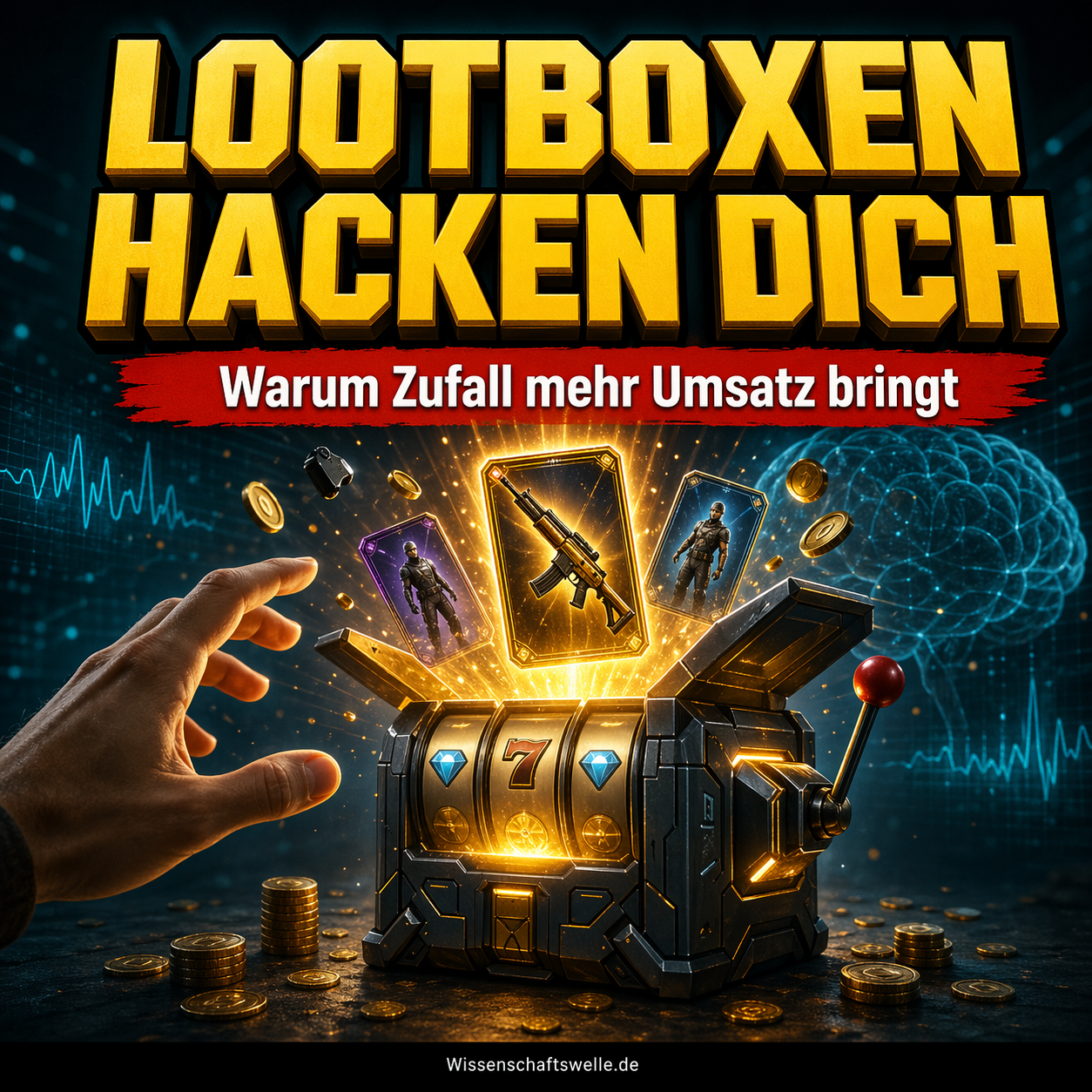 Geöffnete futuristische Lootbox mit goldenen Münzen, seltenen Karten und dramatischem Licht als Symbol für manipulative Belohnungssysteme in Videospielen.