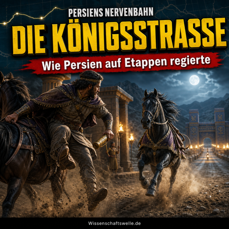 Ein persischer Kurier wechselt auf der Königsstraße im Staub sein Pferd, während hinter ihm eine beleuchtete Station und ein Tor des Achämenidenreiches aufragen.