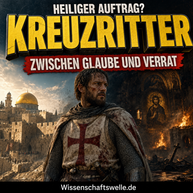 Quadratisches Cover mit einem verschlissenen Kreuzritter in Kettenhemd vor den Mauern Jerusalems auf der einen und einer brennenden byzantinischen Kirche auf der anderen Seite, dazu die gelbe Überschrift „KREUZRITTER“ sowie der rote Banner „ZWISCHEN GLAUBE UND VERRAT“.