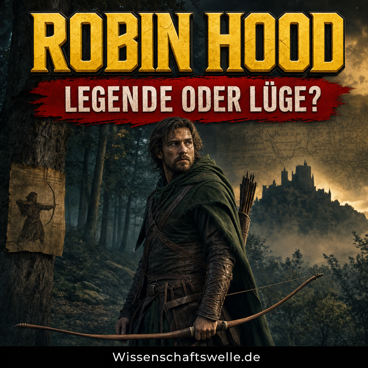 Quadratisches Wissenschaftswelle-Cover mit einem entschlossen wirkenden mittelalterlichen Bogenschützen im dunklen Wald, gelber 3D-Headline zu Robin Hood, rotem Banner zum Realitätscheck und kleinem Footer-Branding von Wissenschaftswelle.de.