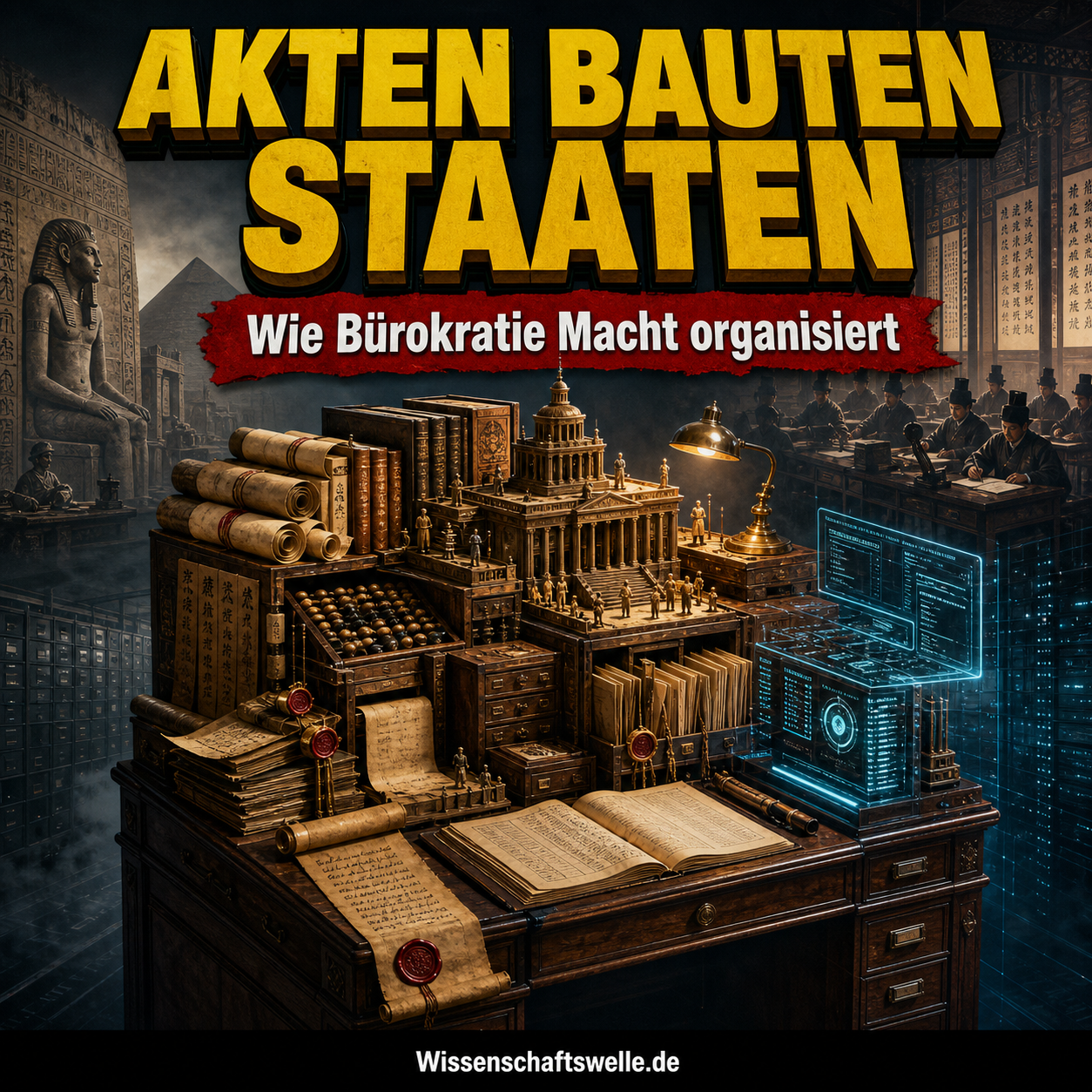 Quadratisches Cover mit gelber Überschrift „Akten bauten Staaten“, rotem Banner „Wie Bürokratie Macht organisiert“ und einem überladenen Schreibtisch aus Schriftrollen, Akten, Siegeln und digitaler Verwaltungsoberfläche als Symbol für die Geschichte der Bürokratie.