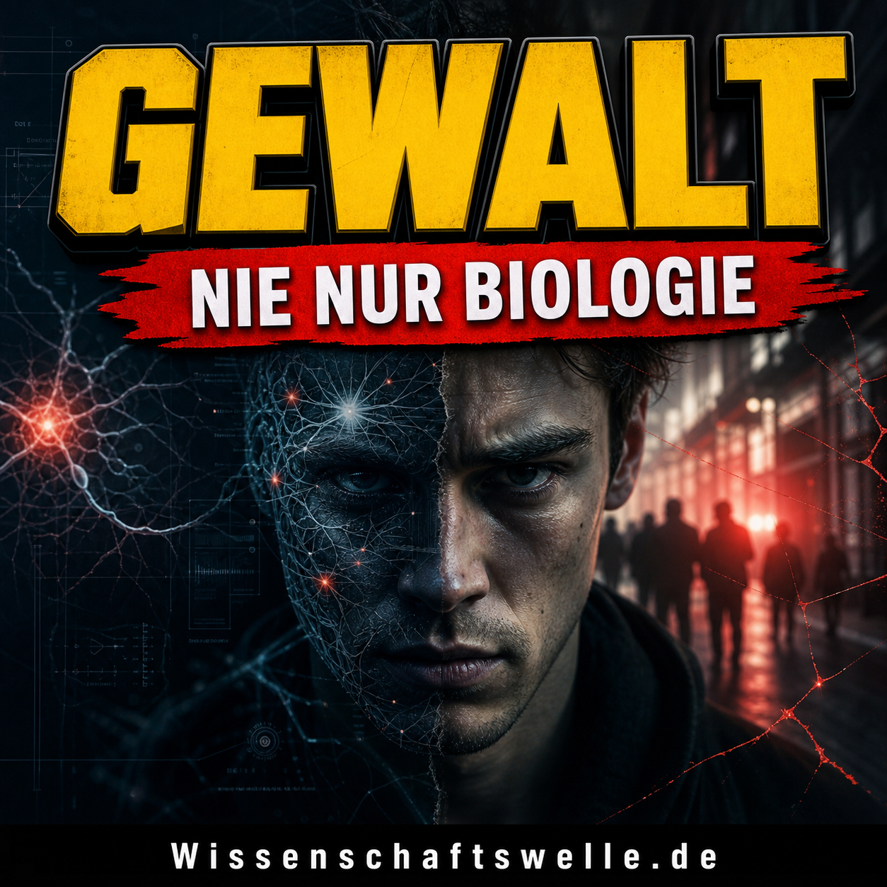 Quadratisches Cover mit der gelben Überschrift „GEWALT“ und dem roten Banner „NIE NUR BIOLOGIE“, darunter ein angespanntes Gesicht, dessen eine Hälfte von neuronalen Linien überzogen ist, während im Hintergrund dunkle Straßensilhouetten und rote Lichtspuren soziale Eskalation andeuten.