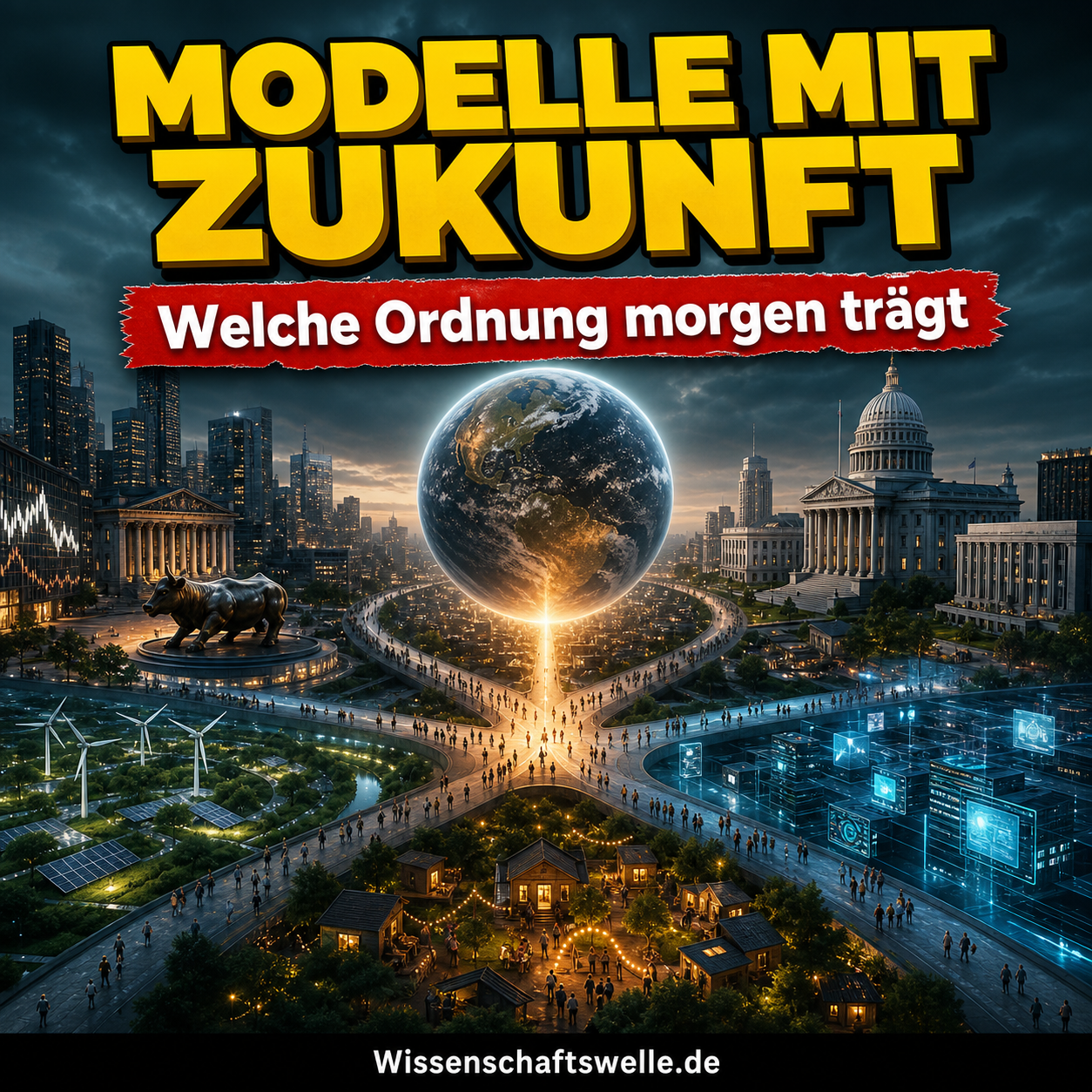 Quadratisches Wissenschaftswelle-Cover mit einer leuchtenden Erde über einer verzweigten futuristischen Stadtlandschaft, die Markt, Staat, Gemeinschaft und Technologie symbolisiert. Oben steht die gelbe Überschrift „Modelle mit Zukunft“, darunter im roten Banner „Welche Ordnung morgen trägt“.