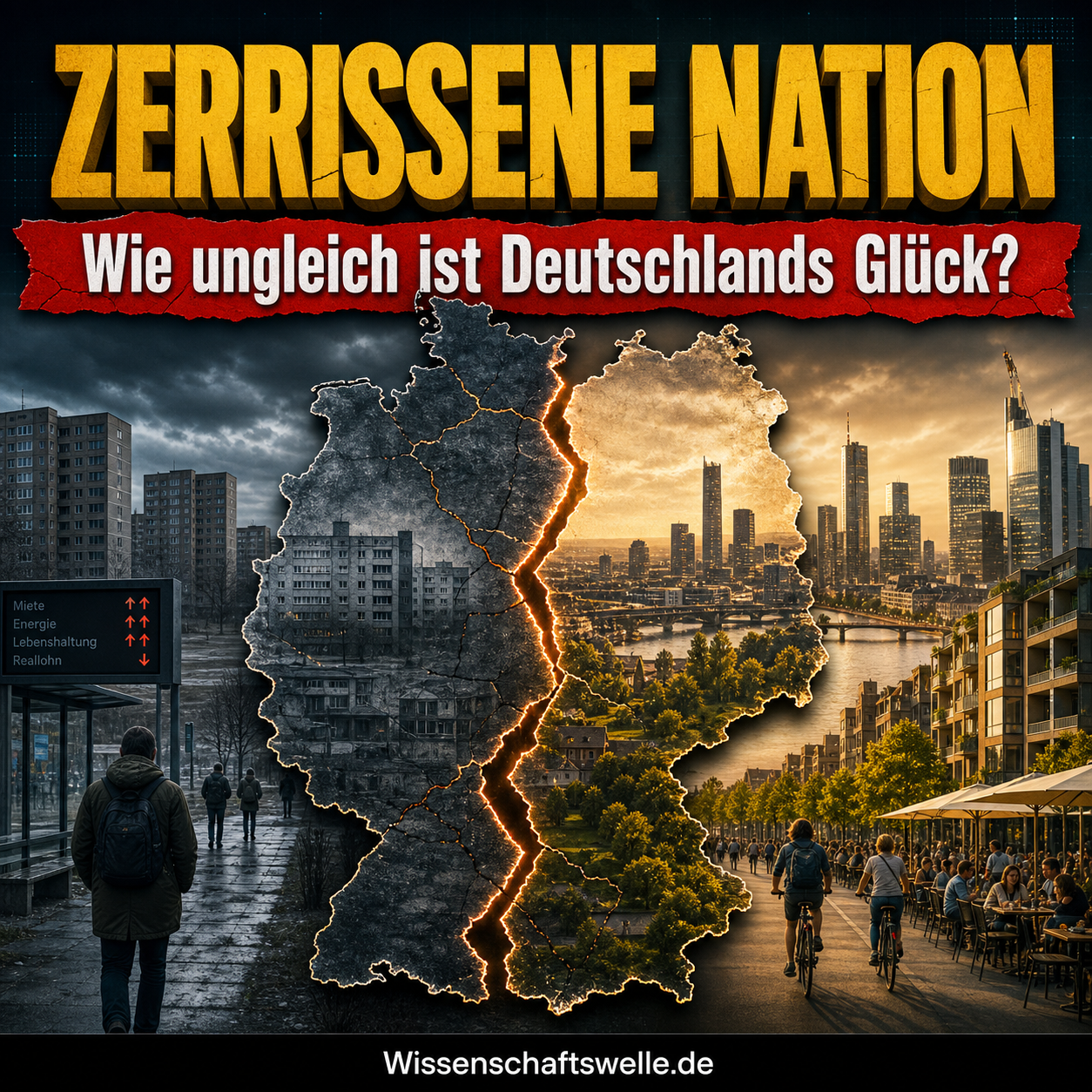 Quadratisches Cover mit einer in Ost und West aufgerissenen Deutschland-Silhouette über kontrastierenden Stadt- und Landräumen, dazu die gelbe Überschrift „Zerrissene Nation“ und der rote Banner „Wie ungleich ist Deutschlands Glück?“
