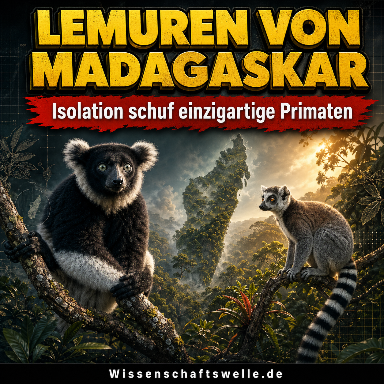 Ein Indri und ein Katta auf Ästen vor einer waldartigen Silhouette Madagaskars; darüber die Schlagzeile über Lemuren und Isolation.