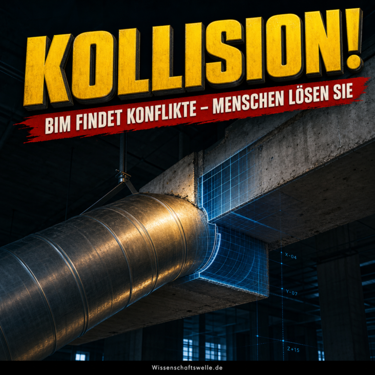 Ein fotorealistisches BIM-Gebäudemodell mit sichtbar kollidierendem rotem Lüftungskanal und Stahlträger.