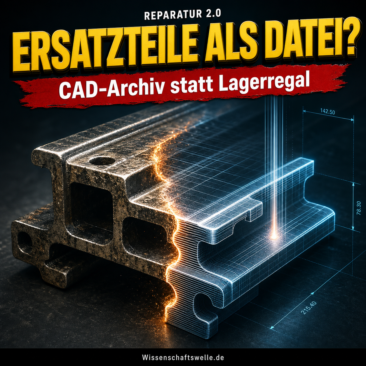 Ein massives Metall-Ersatzteil verwandelt sich diagonal in ein leuchtendes CAD- und 3D-Druck-Modell; darüber stehen die Zeilen „Reparatur 2.0“, „Ersatzteile als Datei?“ und „CAD-Archiv statt Lagerregal“.