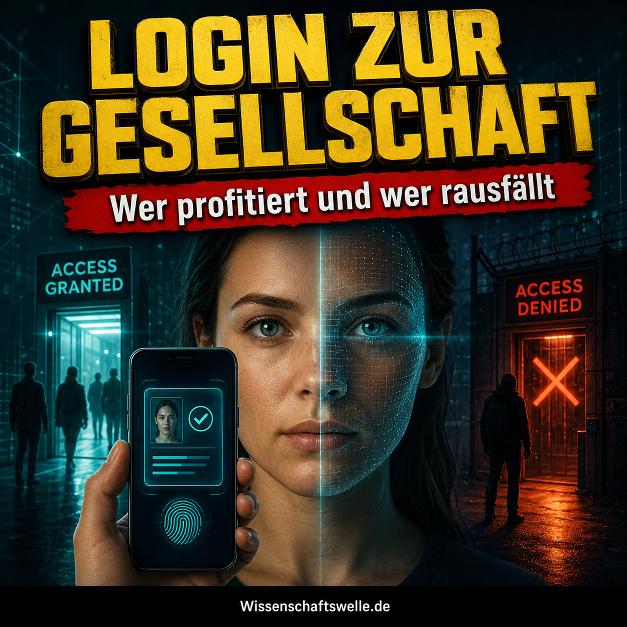 Hyperrealistisches Porträt einer Frau mit digitaler Ausweis-App zwischen einem leuchtenden Zugang und einem roten Ausschlussportal als Symbol für digitale Identität, Kontrolle und Teilhabe.