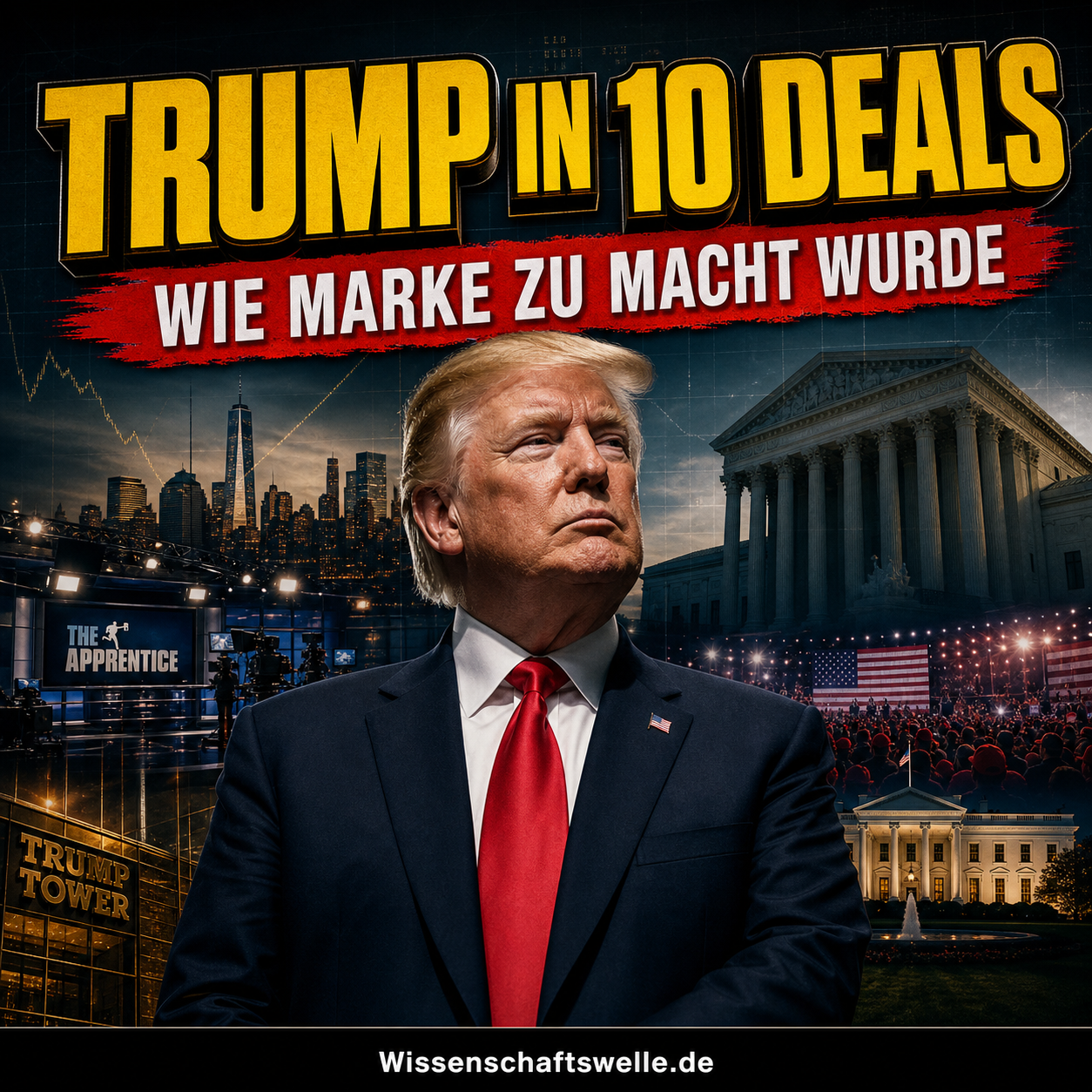 Porträtartige Collage von Donald Trump vor goldener Skyline und politischen Scheinwerfern als Symbol für Macht, Marke und Medieninszenierung.