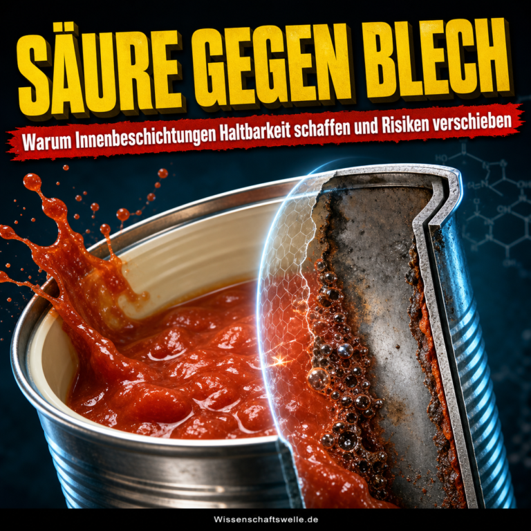 Geöffnete Konservendose mit roter Tomatensoße; im Querschnitt trennt eine leuchtende Innenbeschichtung die saure Füllung vom angegriffenen Metall.