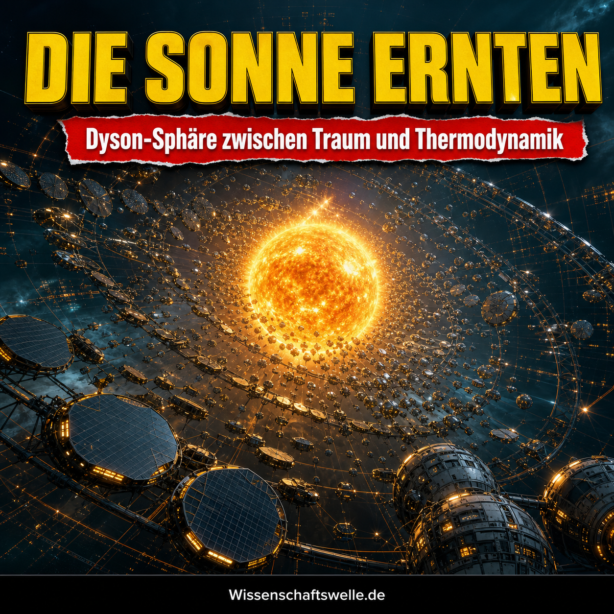 Ein leuchtender Stern im Zentrum eines dichten Schwarms aus orbitalen Solarkollektoren und Raumstrukturen als Visualisierung einer Dyson-Sphäre.
