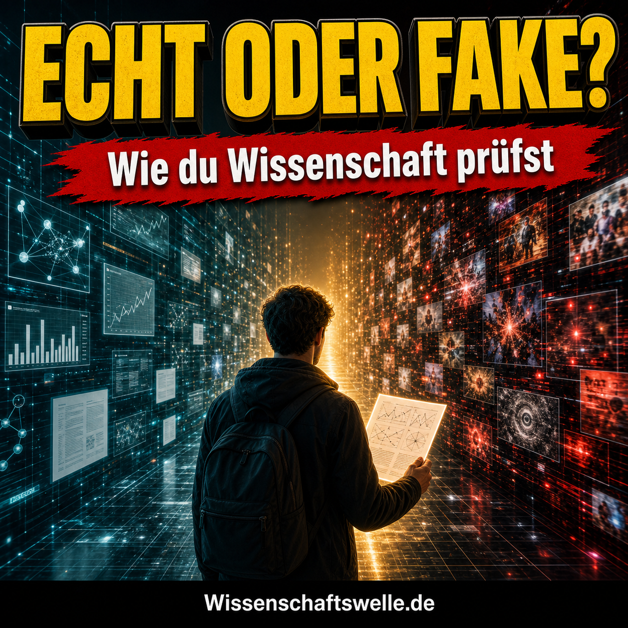 Quadratisches Titelbild mit einer Person auf einem leuchtenden Pfad zwischen geordneten Datenvisualisierungen und chaotischen Warnsignalen, dazu die gelbe Überschrift „Echt oder Fake?“ und der rote Banner „Wie du Wissenschaft prüfst“.