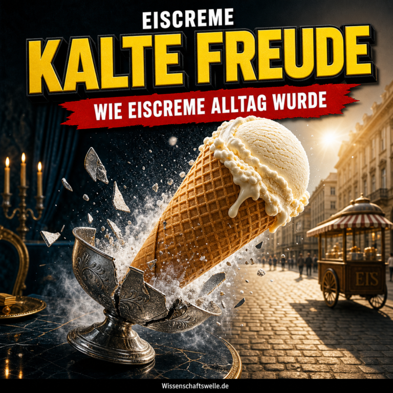 Eine große Waffel mit Vanilleeis bricht aus einem silbernen Dessertkelch in eine sonnige Stadtstraße hinein.