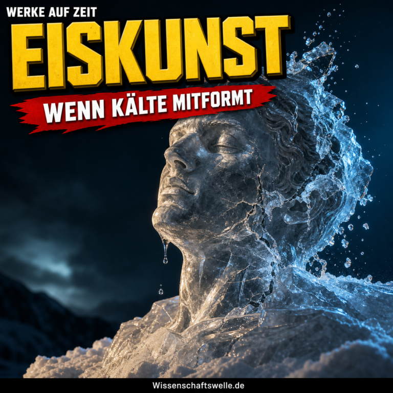 Wissenschaftswelle-Cover mit der gelben Headline Eiskunst, rotem Banner und einer transparenten Eisskulptur eines Gesichts, die gleichzeitig klar geformt ist und an einer Seite aufzubrechen scheint.