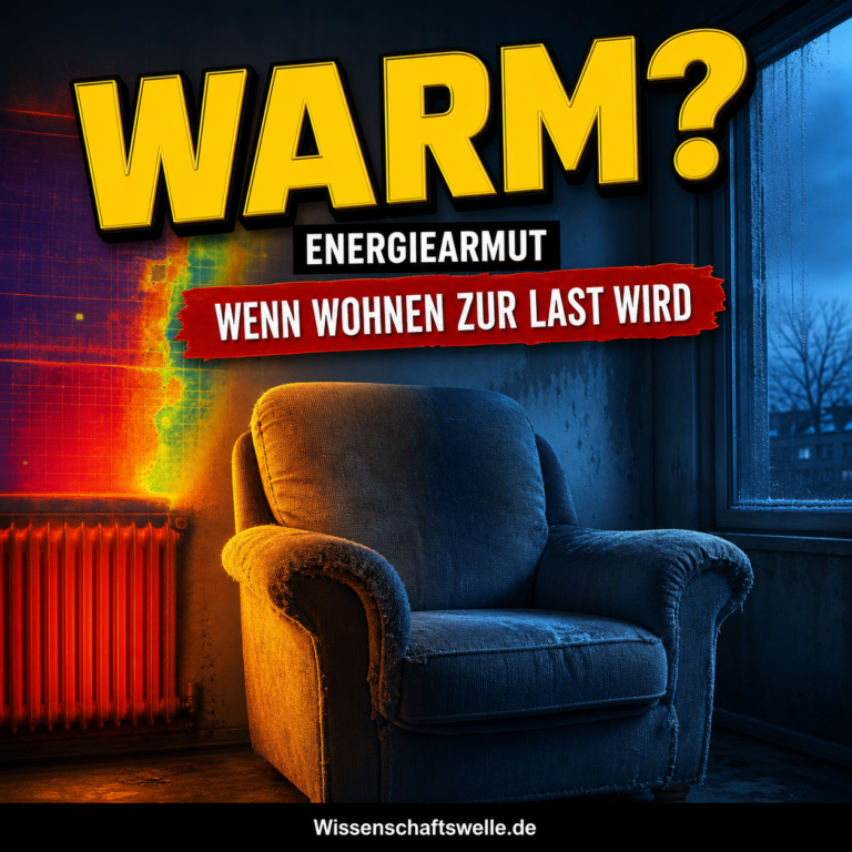 Ein abgenutzter Sessel zwischen orange glühender Heizung und eisblauem Fenster; eine Wärmebildkante macht den Temperaturunterschied sichtbar.