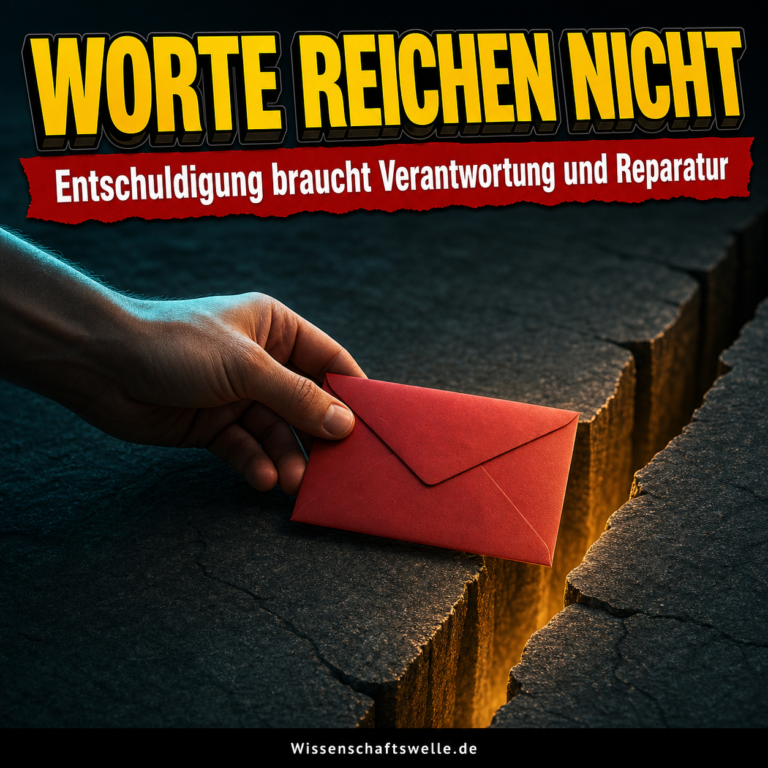 Eine ausgestreckte Hand hält einen roten Brief über einer leuchtenden Bruchlinie; der Brief kann die Lücke nicht überbrücken.