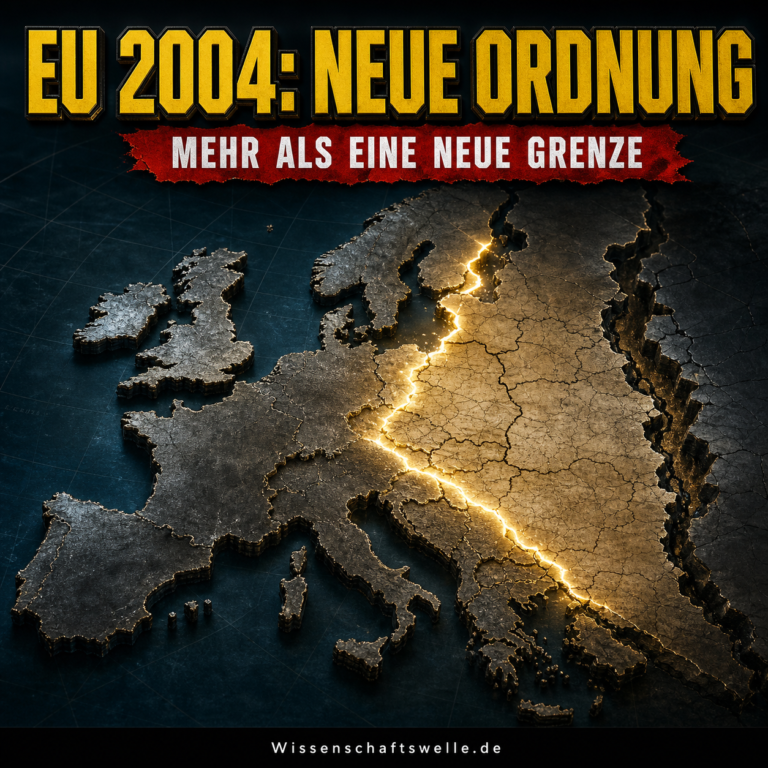 Dunkle Europakarte aus Metall und Papier, deren östliche Kante entlang einer goldenen Naht in ein EU-Sternenfeld einrastet.