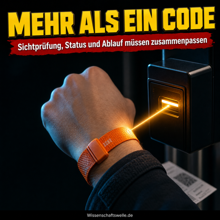 Hand mit orangefarbenem Event-Armband vor einem Scanner am Einlass; der Moment zeigt sichtbare und digitale Zugangskontrolle.