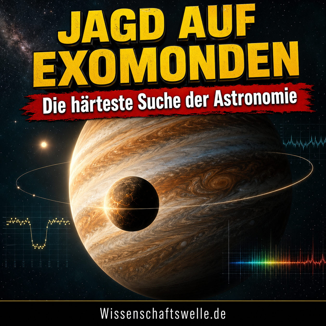 Dramatisches Cover zu Exomonden mit einem großen Gasriesen, einem leuchtenden Mond und orbitalen Messlinien im Weltraum.