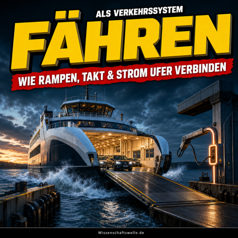 Moderne Autofähre beim Anlegen an eine beleuchtete Rampe, rechts ein Ladearm, darunter dunkles Wasser und dramatischer Abendhimmel.