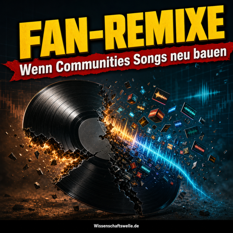 Eine zerbrechende schwarze Schallplatte, aus der leuchtende Klangwellen und digitale Samples hervorschießen, unter der Überschrift „Fan-Remixe“.