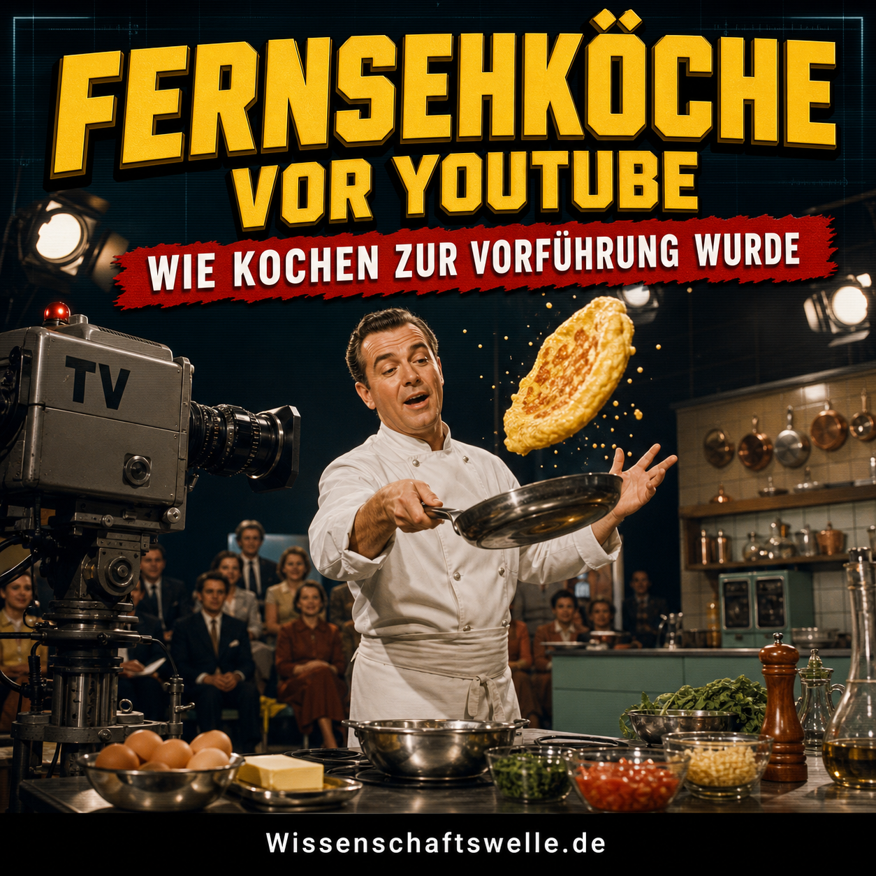 Quadratisches Cover mit einem Fernsehkoch in einer Studioküche der Mitte des 20. Jahrhunderts, der ein Omelett vor einer großen TV-Kamera in die Luft wirft, dazu die gelbe Überschrift „Fernsehköche vor YouTube“ und der rote Banner „Wie Kochen zur Vorführung wurde“.