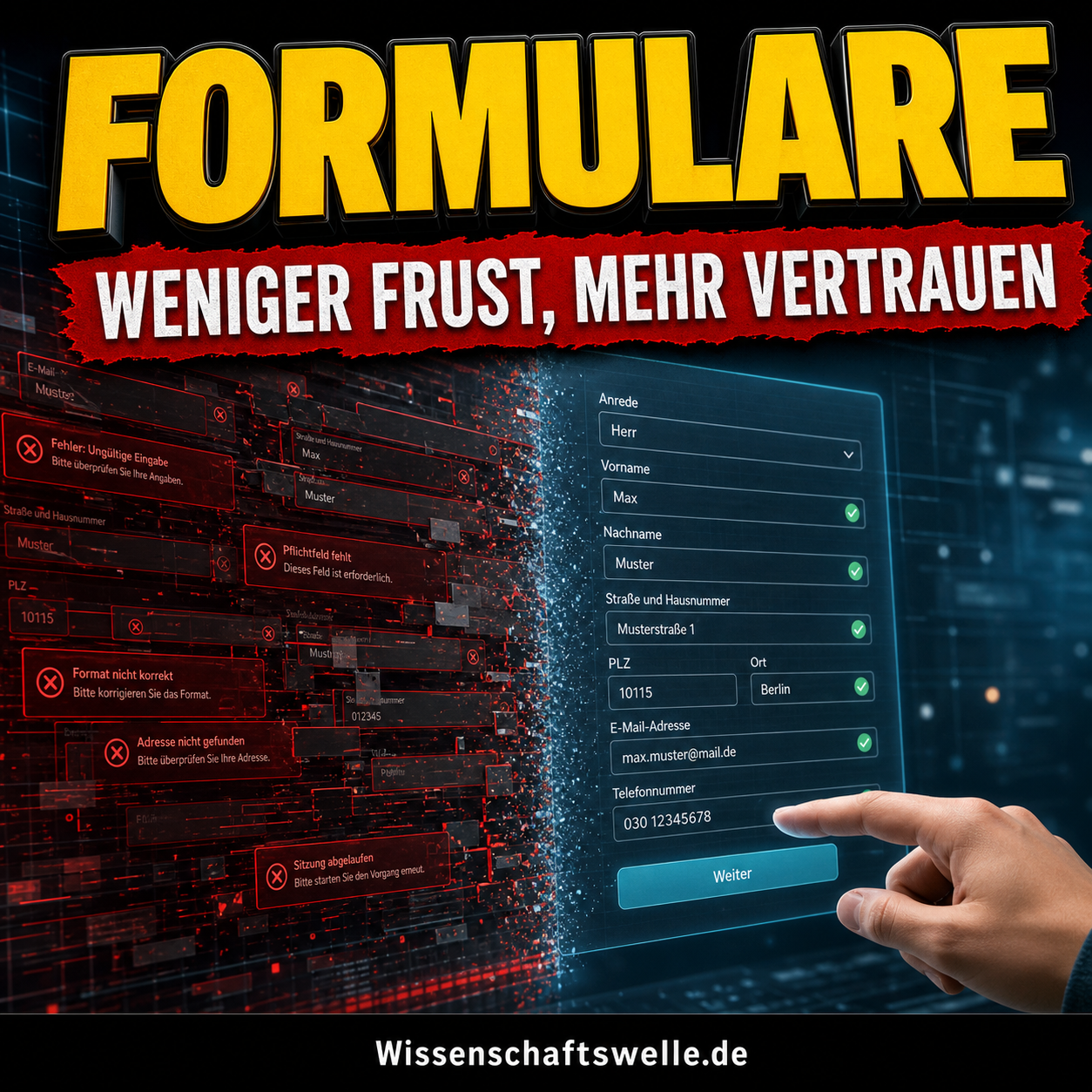 Quadratisches Wissenschaftswelle-Cover mit der gelben Überschrift „FORMULARE“, rotem Banner „WENIGER FRUST, MEHR VERTRAUEN“, links einem chaotischen roten Fehlerformular und rechts einer klaren blauen Eingabemaske mit bestätigten Feldern und einer Hand vor dem Button „Weiter“.