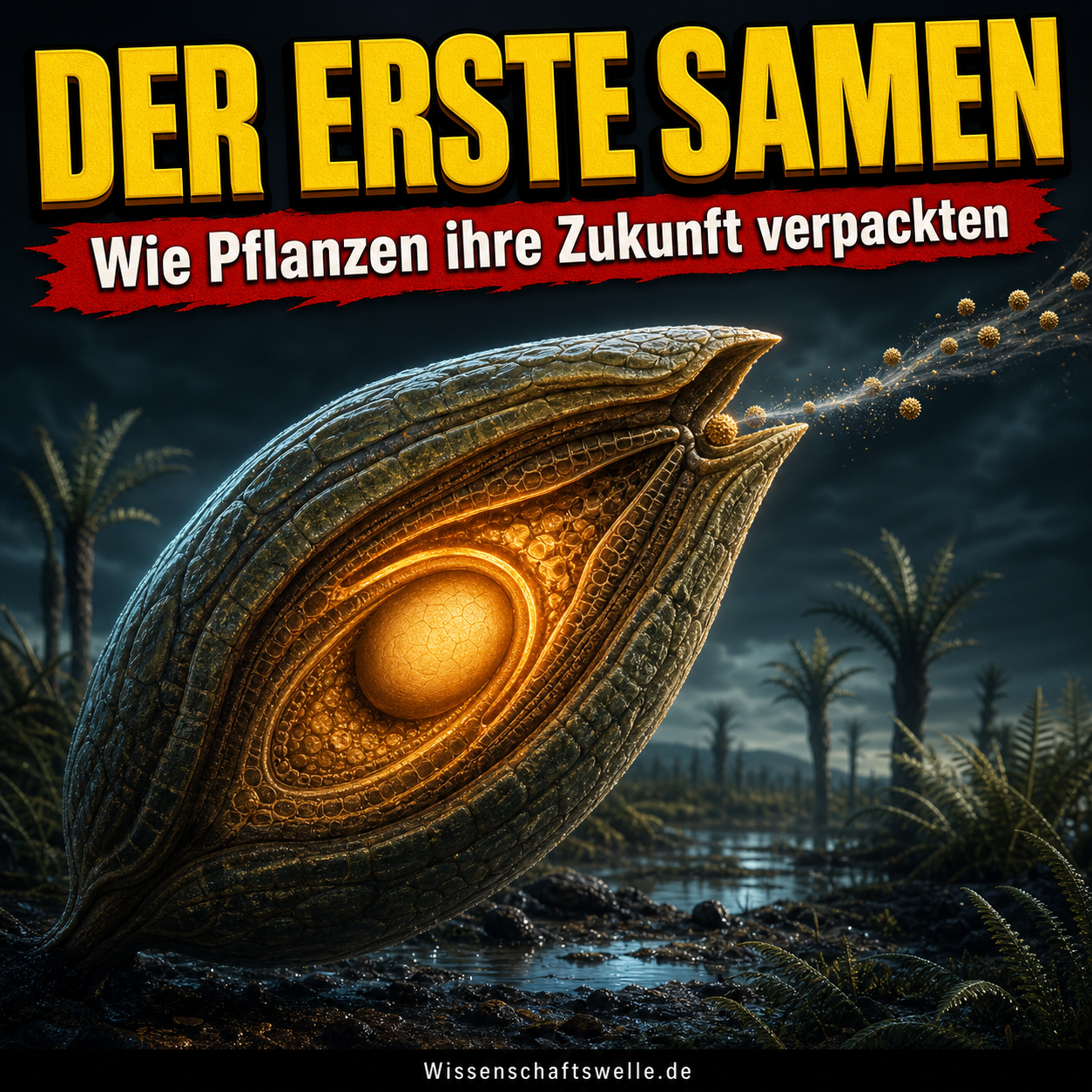 Hyperrealistische Illustration eines aufgeschnittenen frühen Samens über einer Devon-Sumpflandschaft, dessen leuchtendes Inneres Pollen einfängt.