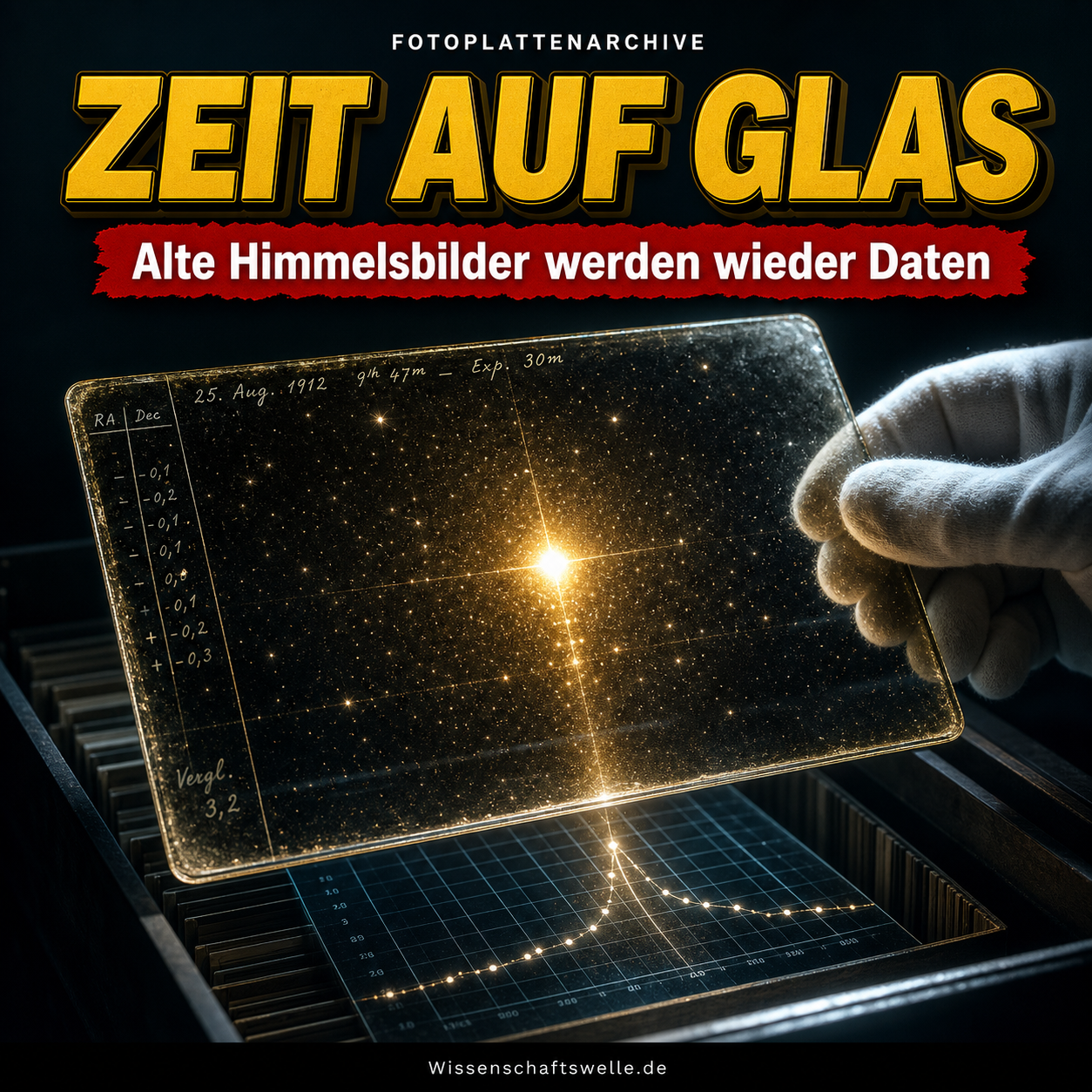Quadratisches Cover mit der gelben Überschrift „ZEIT AUF GLAS“, einem roten Banner „Alte Himmelsbilder werden wieder Daten“ und einer historischen astronomischen Glasplatte, auf der ein heller Stern über einem Datengitter aufleuchtet.