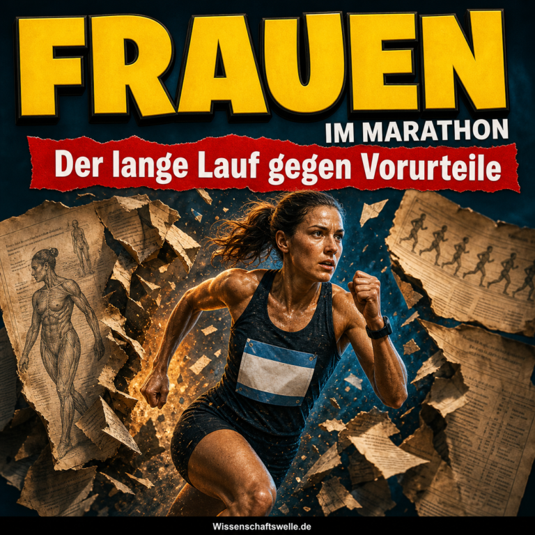 Eine Marathonläuferin bricht dynamisch durch alte medizinische Zeichnungen und Regeldokumente; darüber steht Frauen im Marathon und Der lange Lauf gegen Vorurteile.