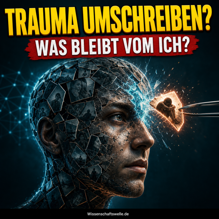 Porträt eines menschlichen Kopfes aus zerbrochenen Erinnerungsscherben, aus dem eine glühende Traumaszene herausgezogen wird; darüber die Schlagzeilen 'TRAUMA UMSCHREIBEN?' und 'WAS BLEIBT VOM ICH?'