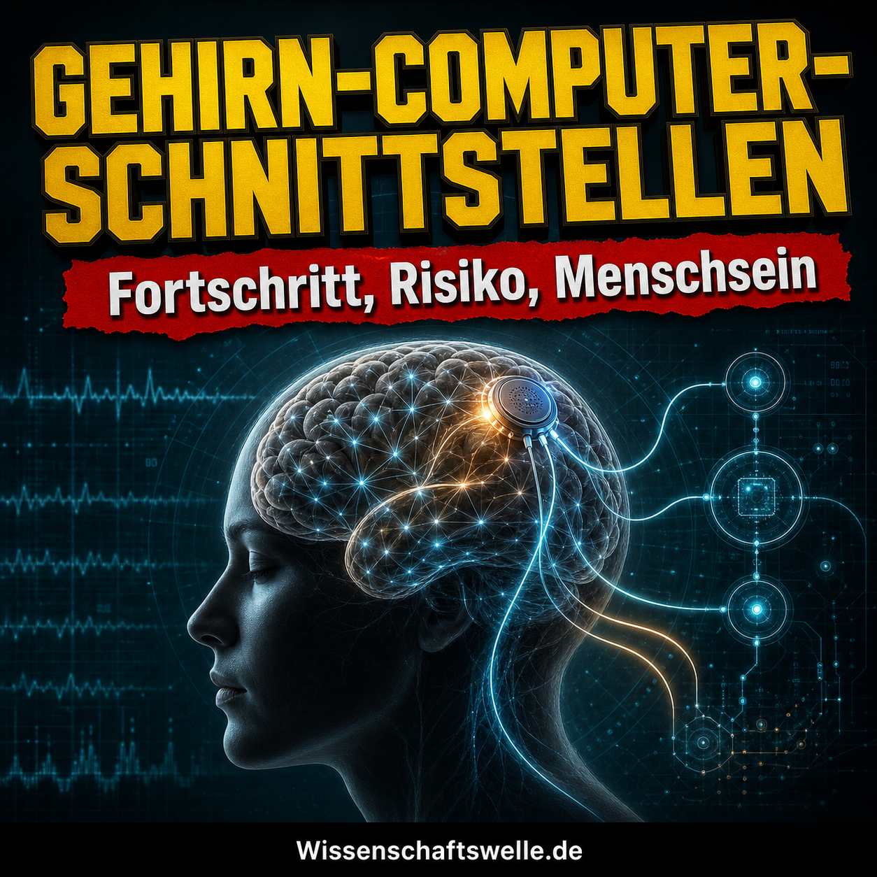 Quadratisches Wissenschaftswelle-Cover mit leuchtendem Gehirn, das über feine Signalbahnen mit digitalen Schnittstellen verbunden ist, dazu die Überschrift „Gehirn-Computer-Schnittstellen“ und der Banner „Fortschritt, Risiko, Menschsein“.