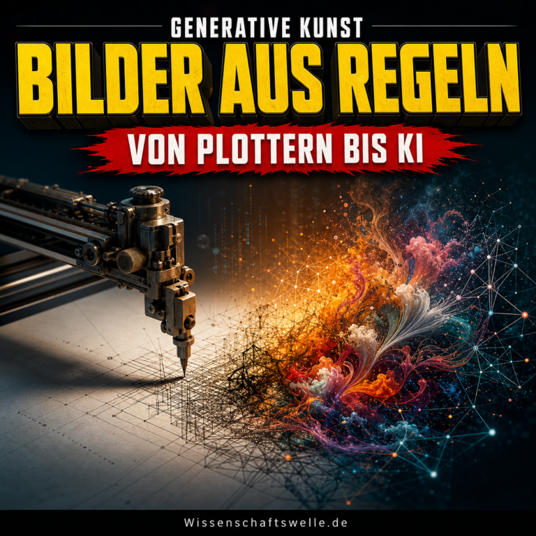 Ein Plotterarm zeichnet ein strenges Raster, das in leuchtende, malerische Formen und Netzstrukturen übergeht; darüber stehen die Worte Bilder aus Regeln und Von Plottern bis KI.
